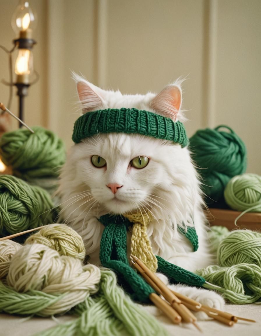 White Fluffy Cat Knitting a Scarf in Warm Golden Light