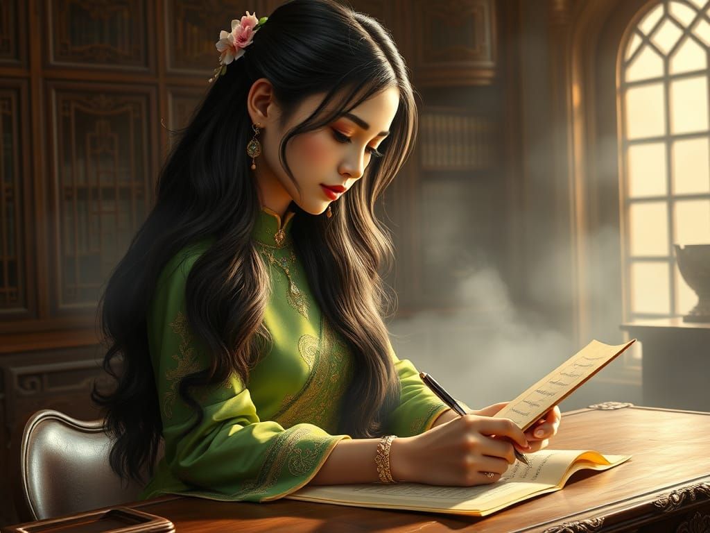 Enchanting Thai Lady Sits in Serene Library
