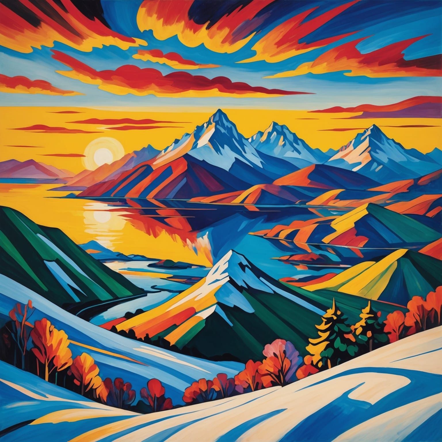 Winter Mountain Sunset Landscape in Maximalist Style