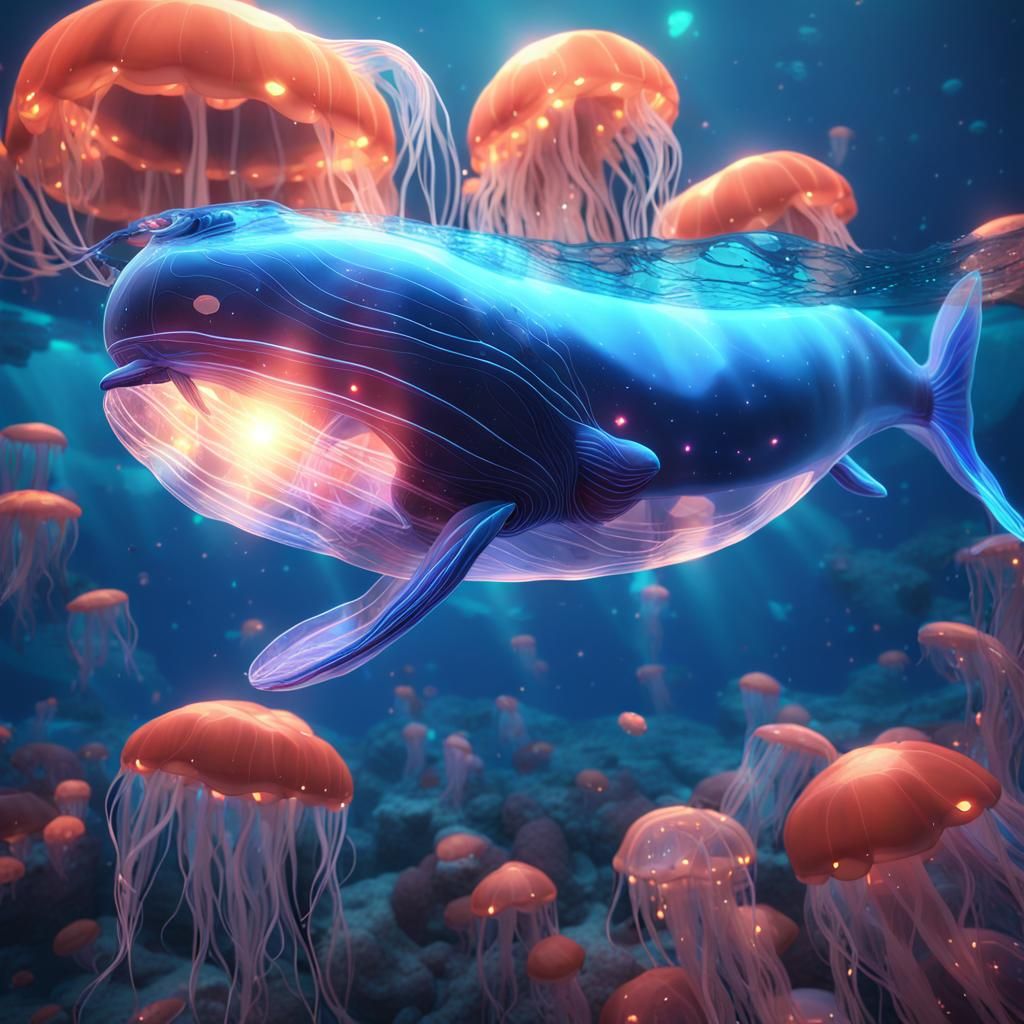 Glowing Glass Whale in Anime Style Ocean