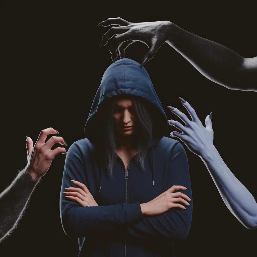 Mysterious Woman Surrounded by Sinister Hands in Darkness