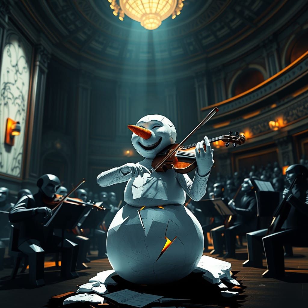 Snowman Performs Shattered Violin in Grand Concert Hall
