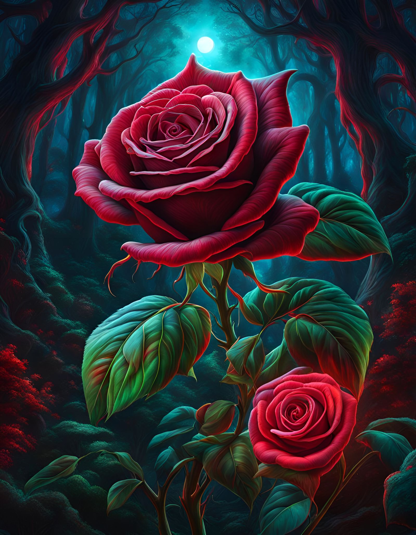 Bioluminescent Vampire Rose in Elven Palace, 3D Art