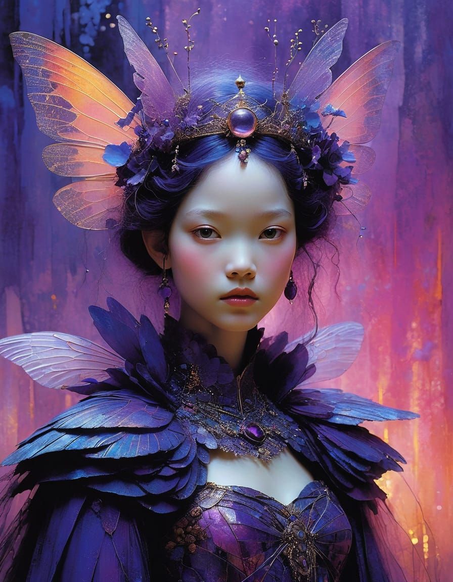 Characterful Fairy Princess with Gossamer Wings in Neon Suns...