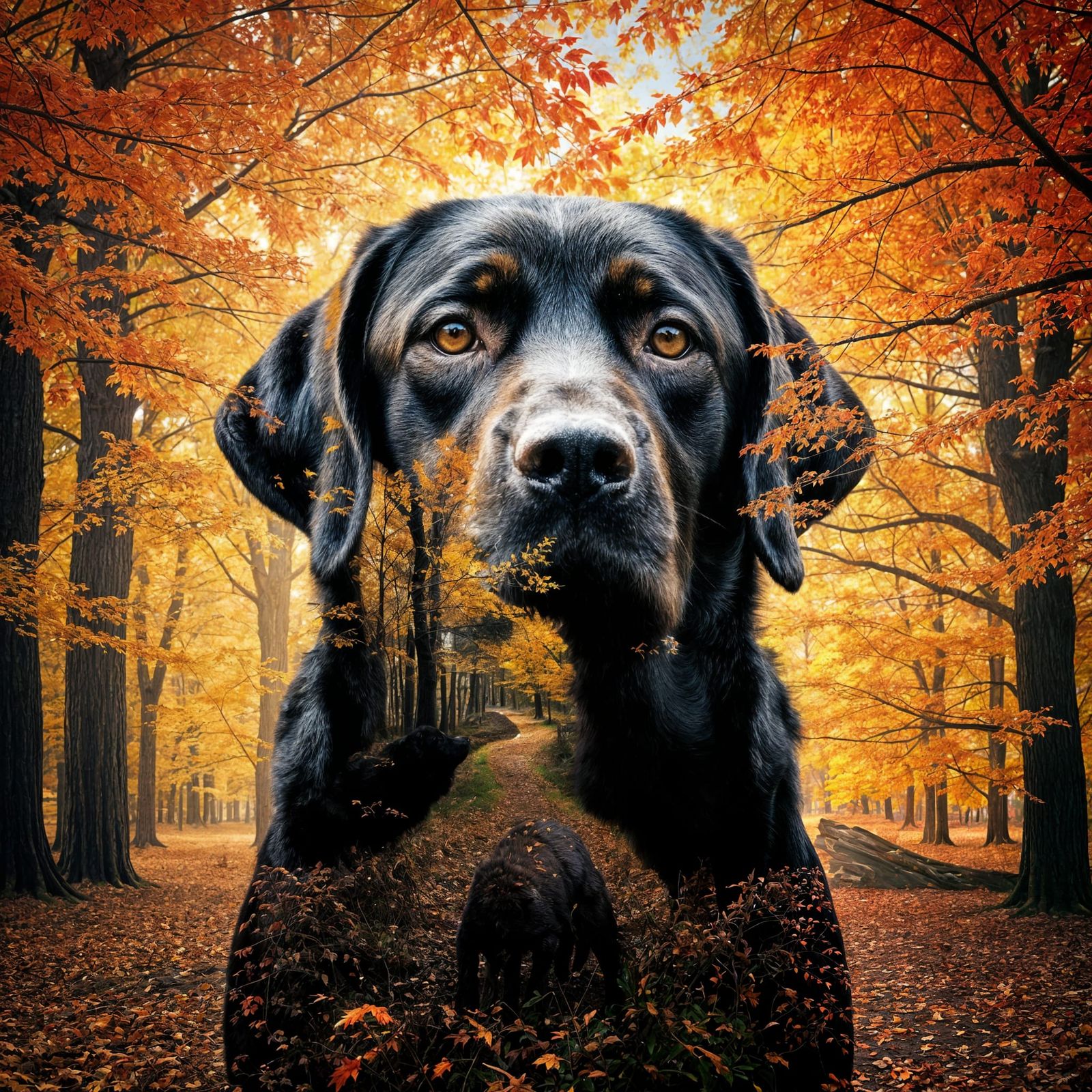 Black Lab Dog Merged with Autumn Landscape