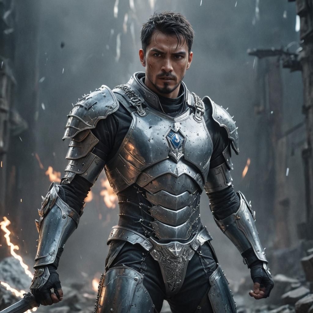 Warrior in Futuristic Armor with Lightning