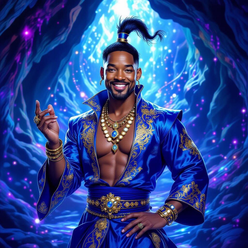 Blue Genie in Mystical Cave, Art Nouveau Style