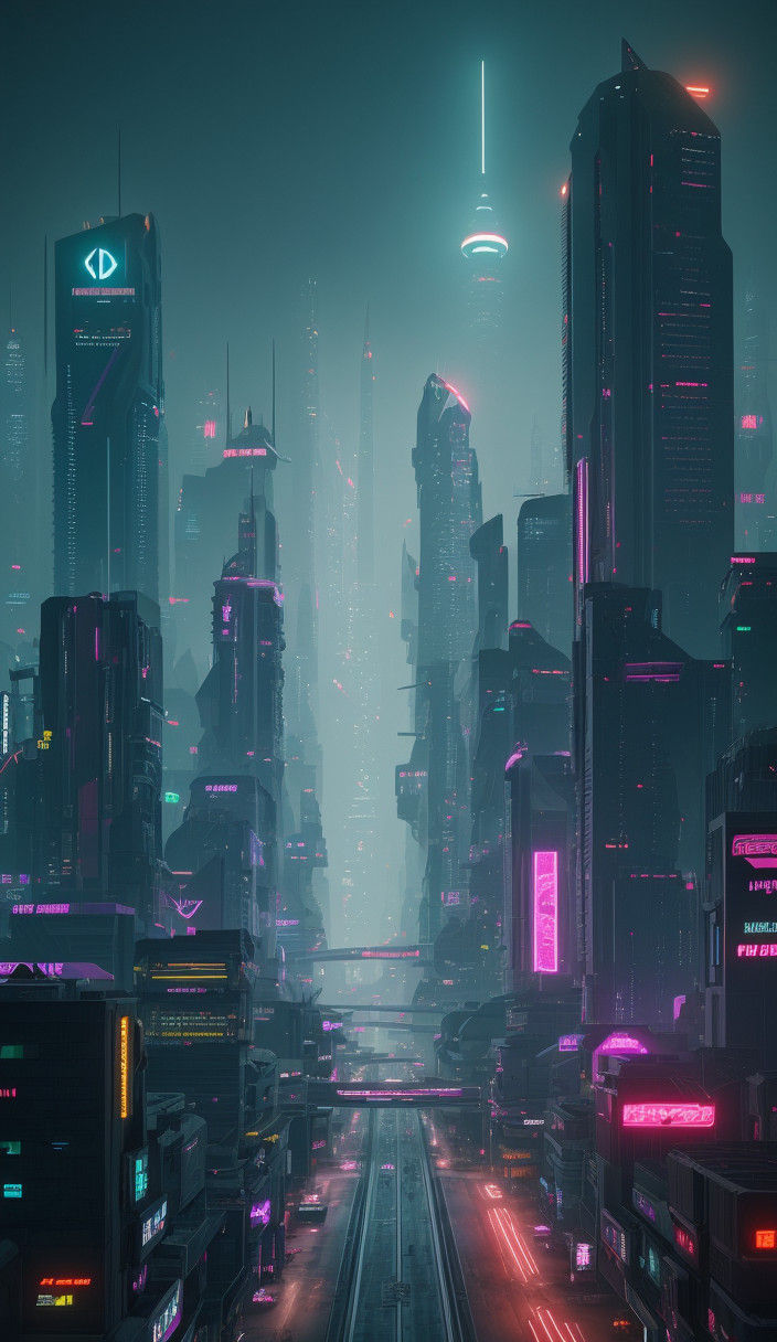 Glowing Cyberpunk Cityscape at Night, Dominated by Neon Ligh...