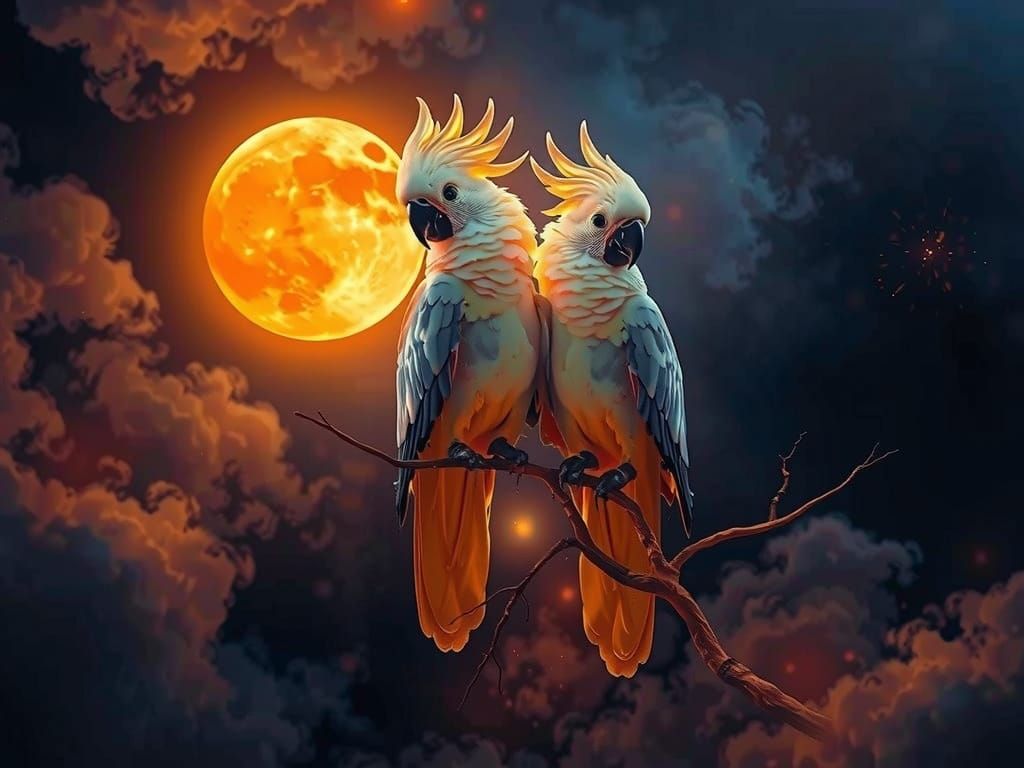 Majestic Cockatoos in a Dreamlike, Moonlit Scene