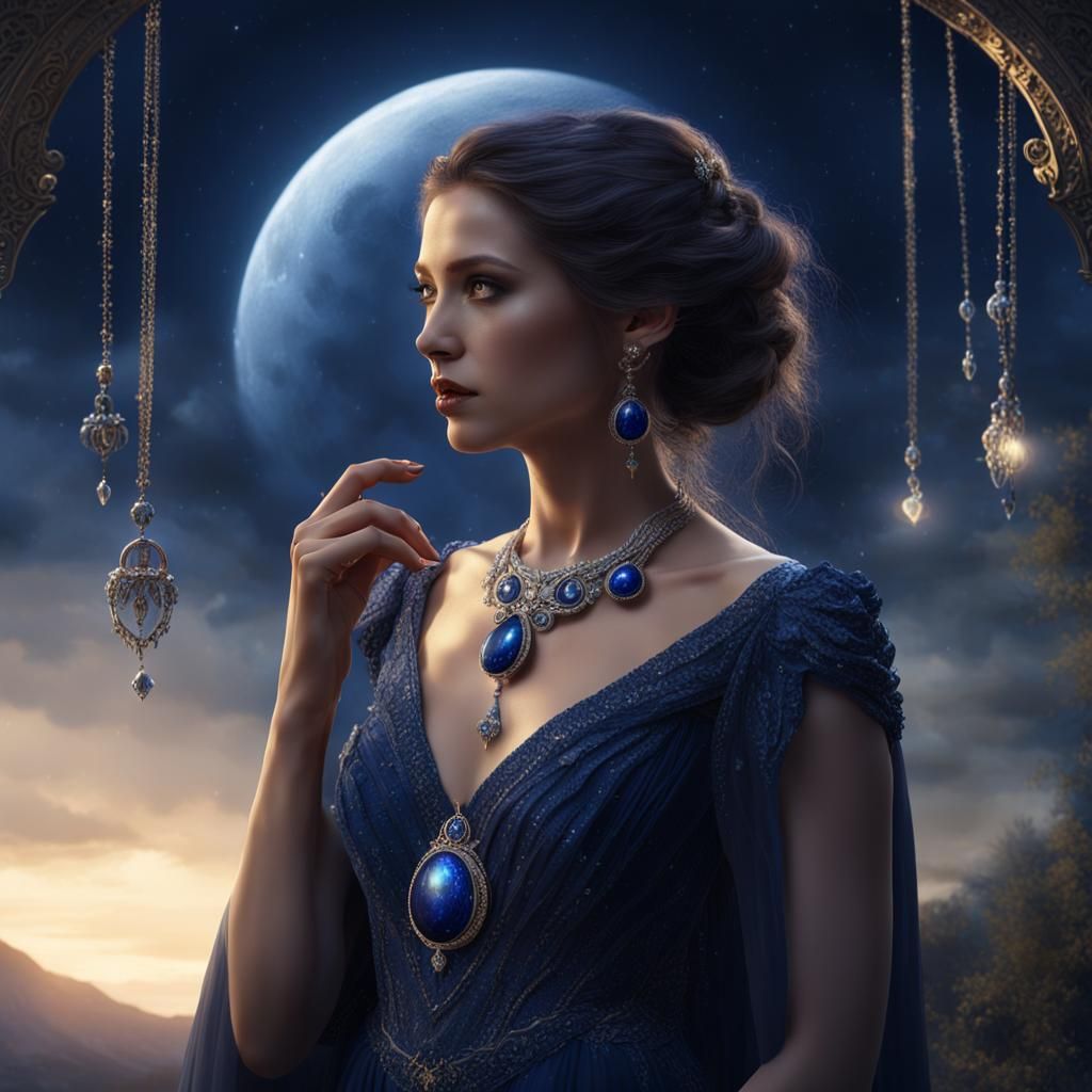 Ethereal Woman Gazing at Crescent Moon in Fantasy Art