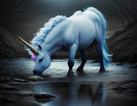 Unicorn Drinking at a Moody, Atmospheric Creek