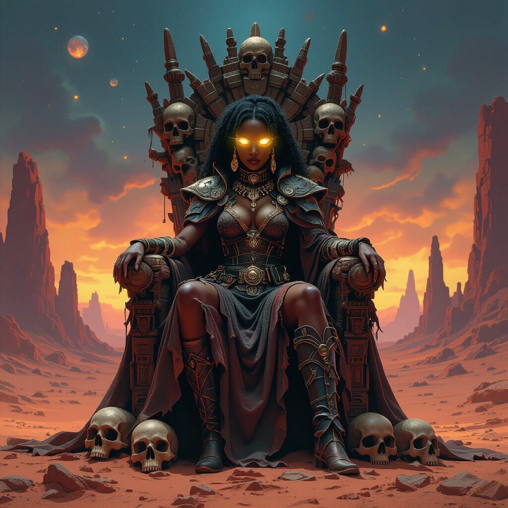 Space Pirate Queen on Skull Throne in Dark Fantasy