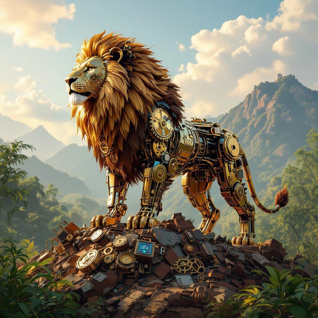 Clockwork Lion Steampunk Art Nouveau and Glitchcore