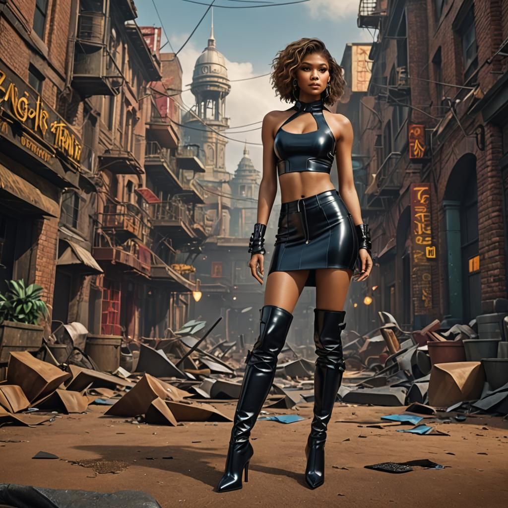 Zendaya, latex short skirt, latex bikini top, thigh high hee...