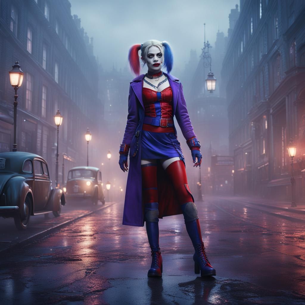 Harley Quinn in London Fog, Detailed Digital Art