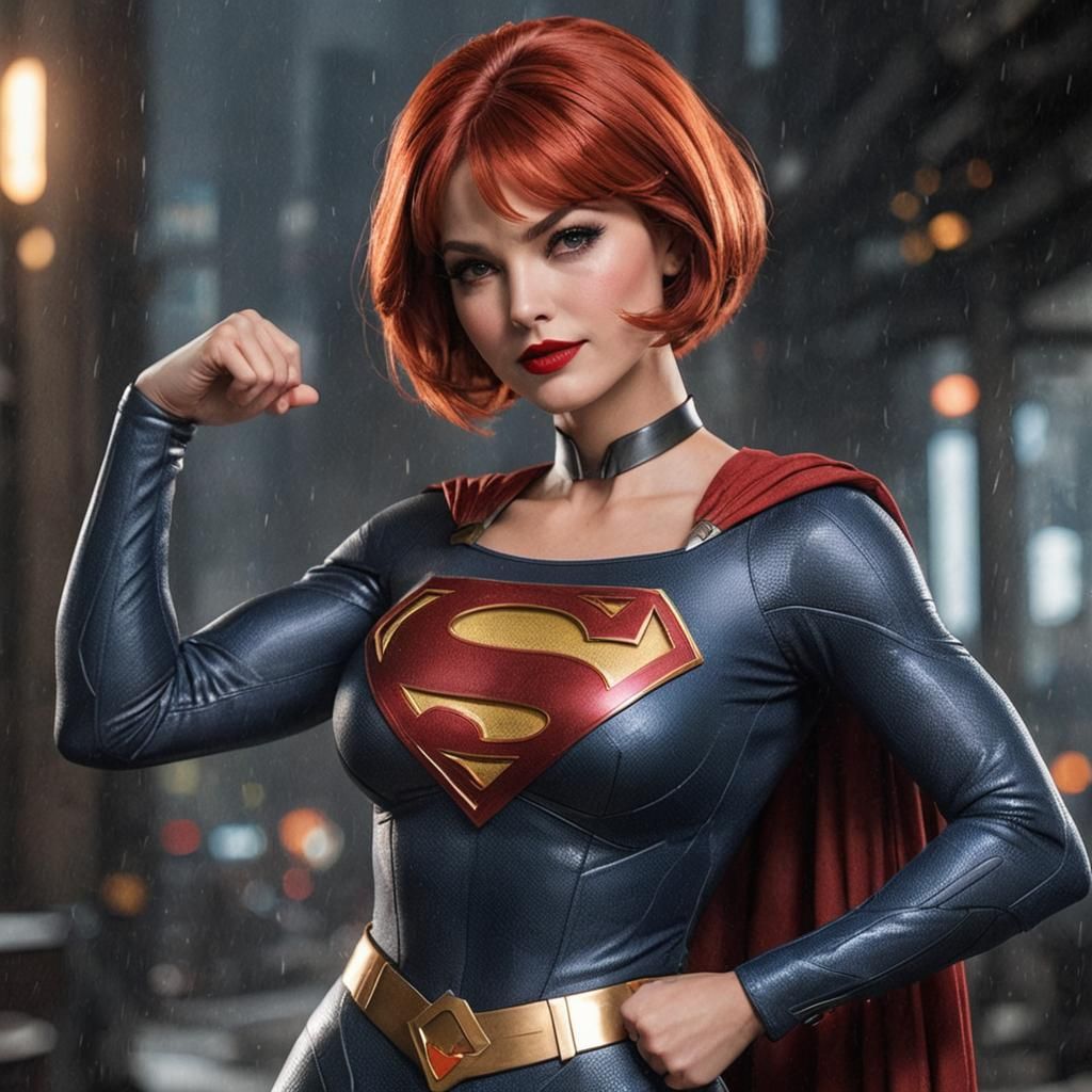 Supergirl, (very short red bob cut hair:1.2), black eyeliner, red lips, ultra realistic hair, 64 megapixel resolution,.....