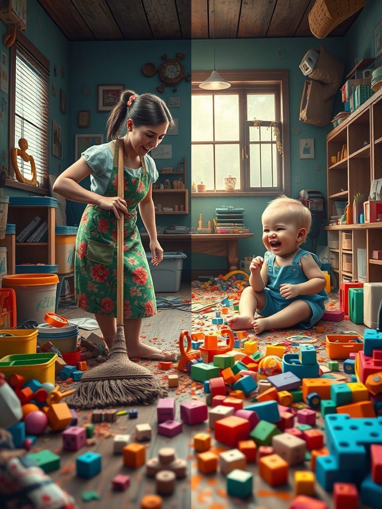 Motherly Love Amidst Whirlwind Chaos in Vibrant Florals