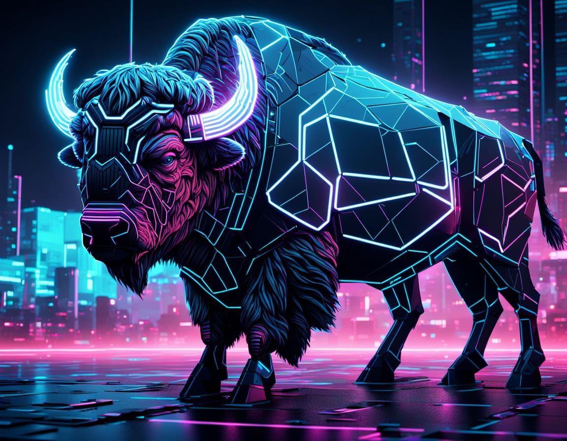 Geometric Bison in Matrix: Cyberpunk Neon Noir