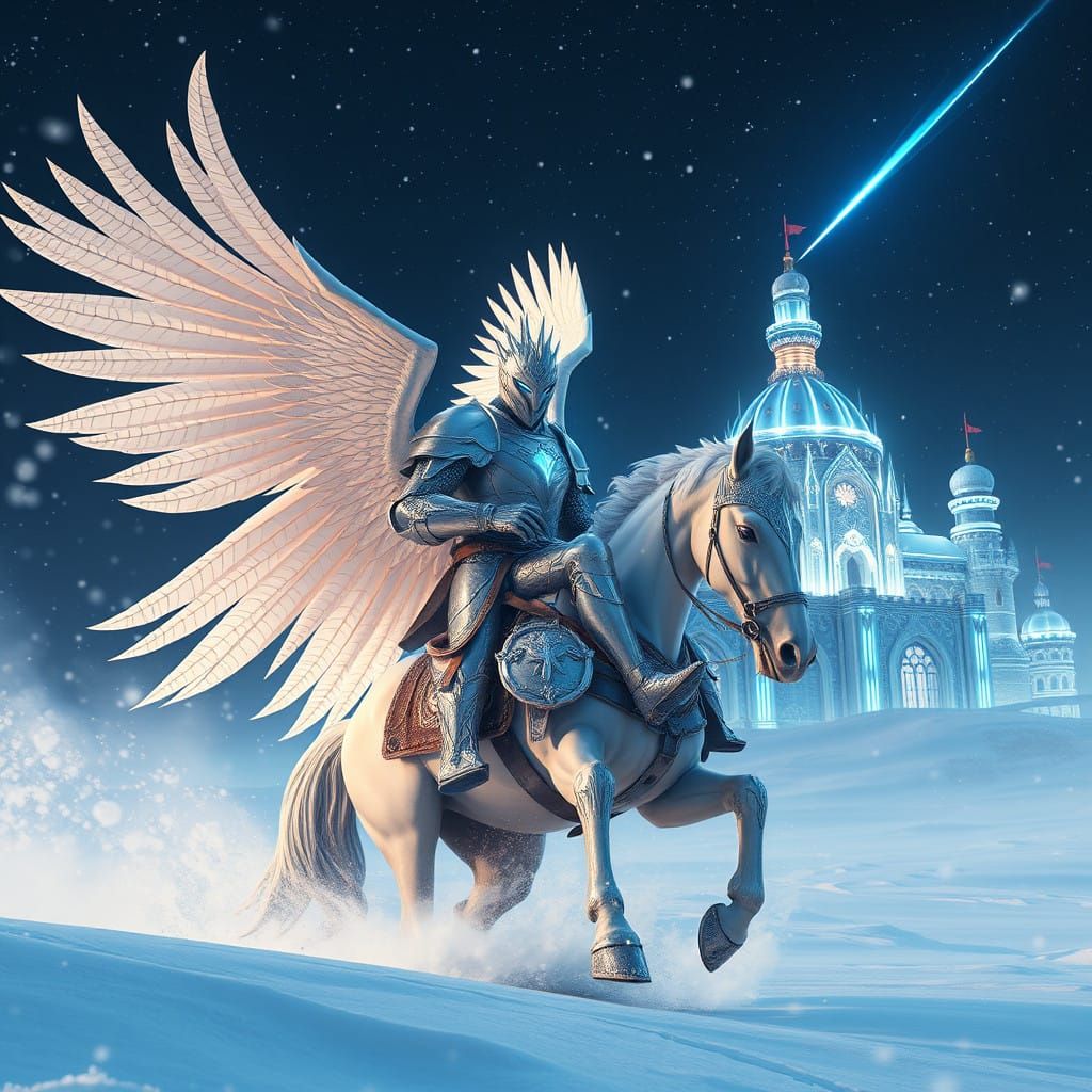 Futuristic Silver Knight Rides into Frosty Blizzard