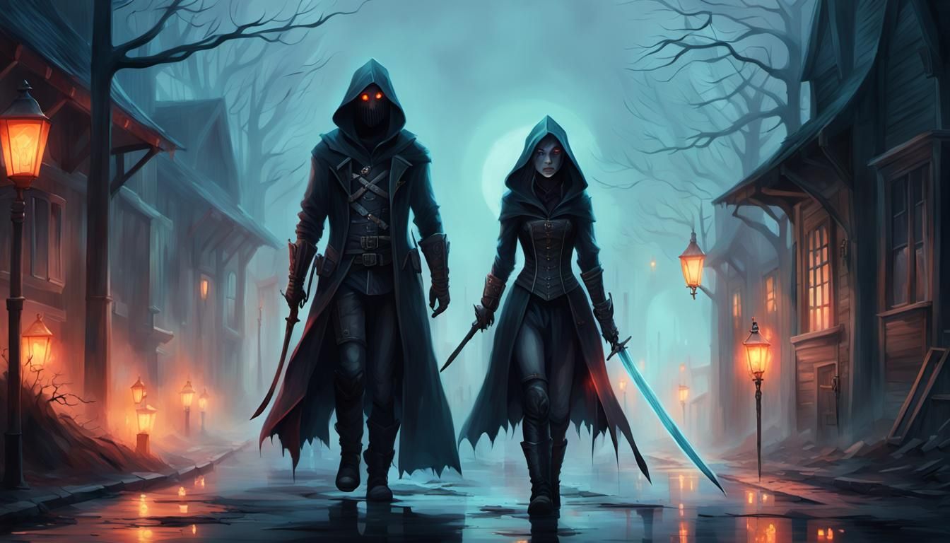 Gothic Couple in Misty Street with Fiery Sword