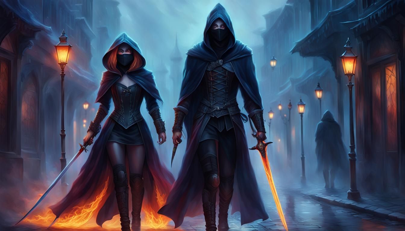 Gothic Couple Walking Through Misty Street with Fiery Sword