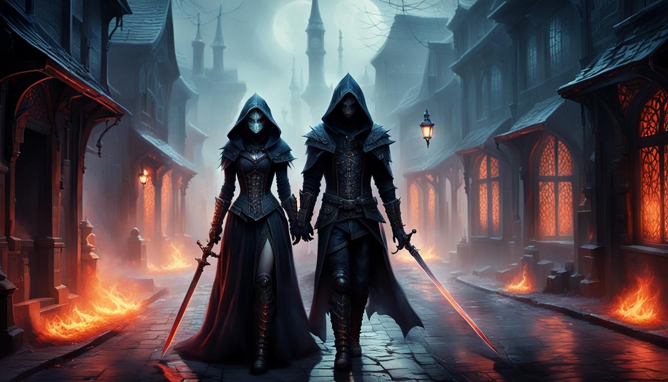 Gothic Couple with Fiery Sword in Dark Fantasy Scene
