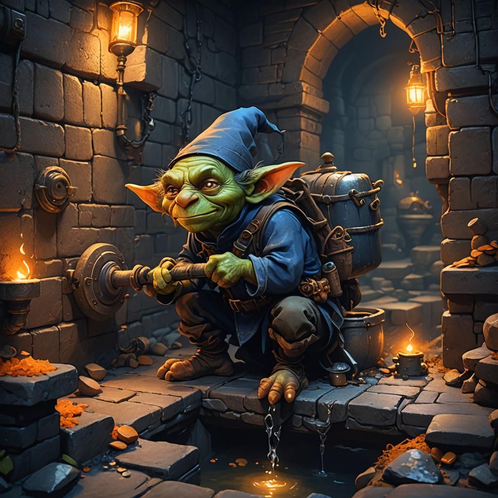 Goblin Plumber in Mystical Dungeon Concept Art