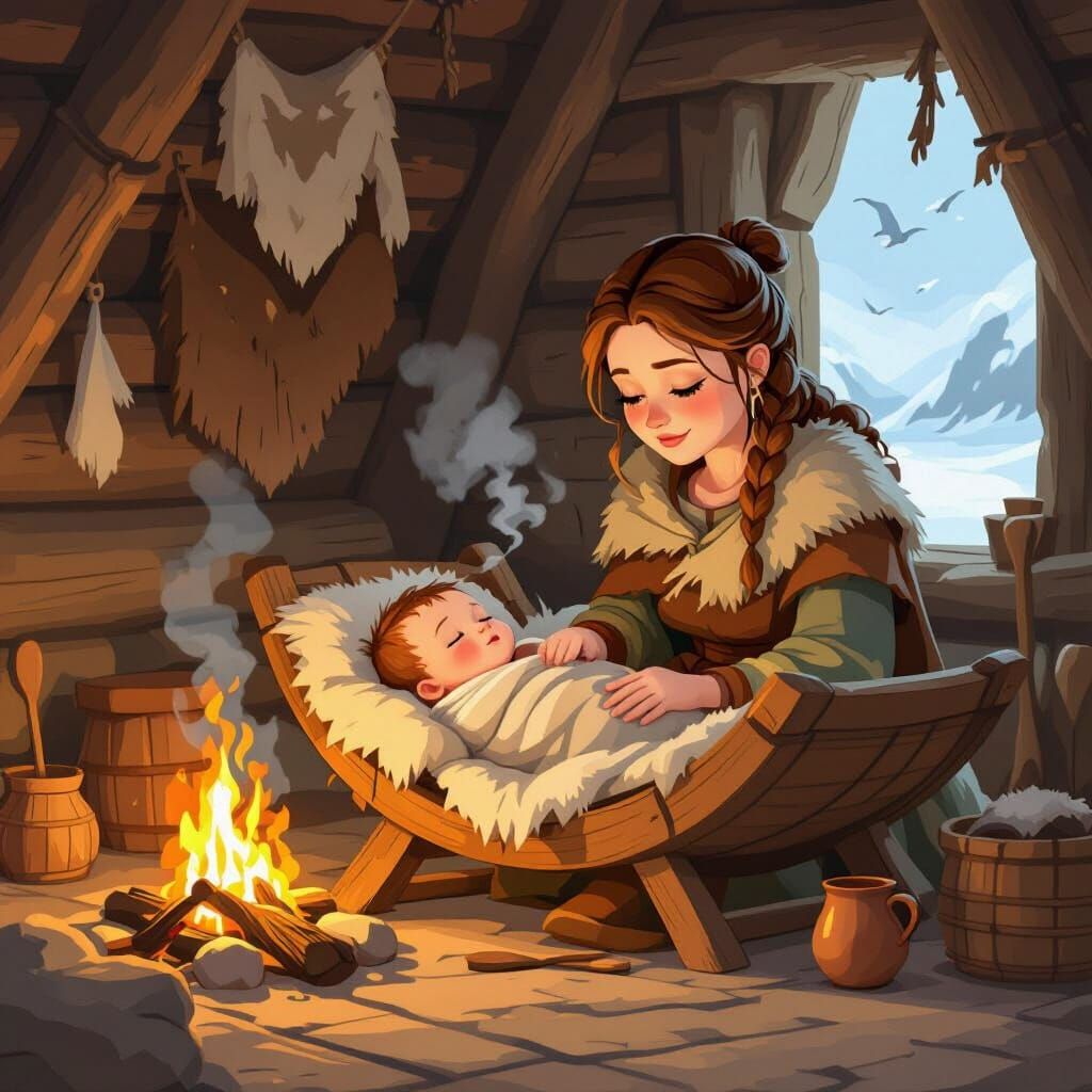 Viking Baby in Cradle by Firelight