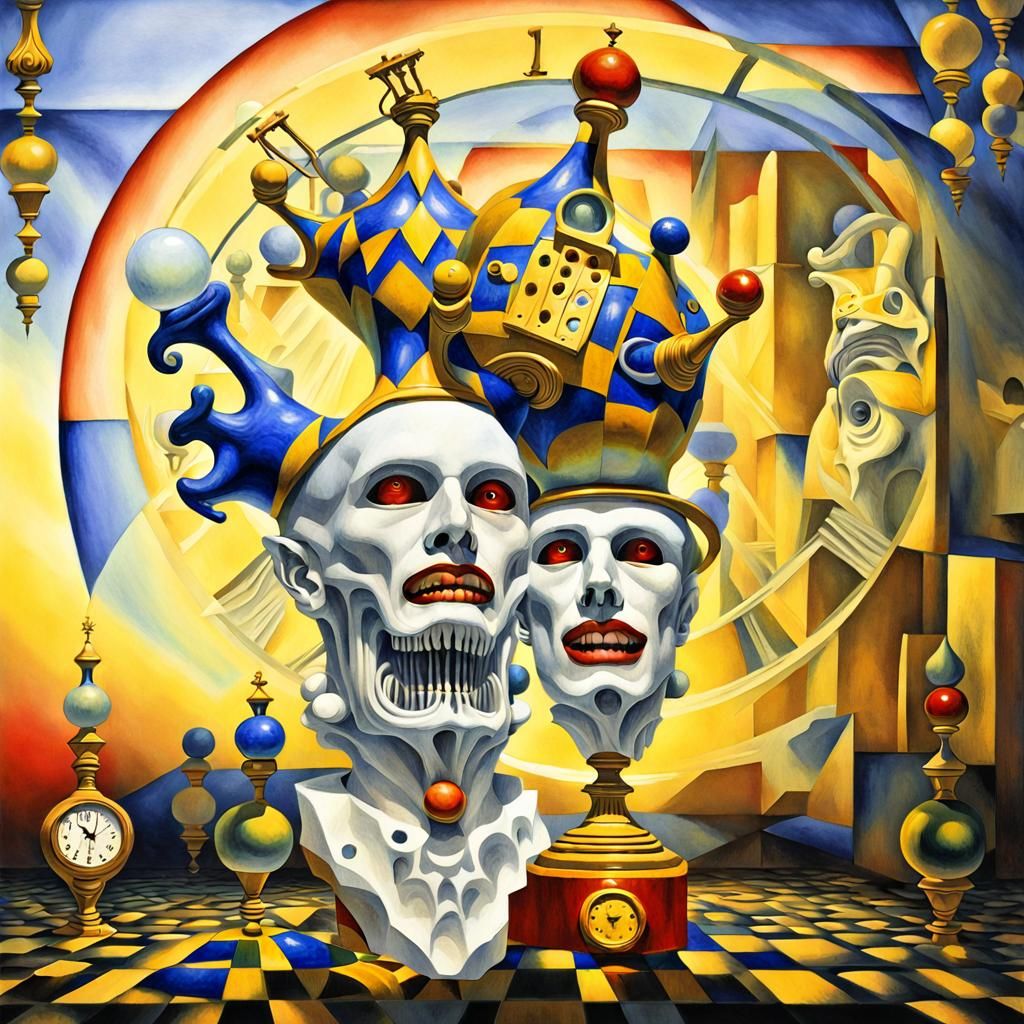 Two yellow jesters with lapiz lazuli cristal clock heads, Mescaline and DMT art, H.R. Giger, M.C. ESCHER, distorted pers...