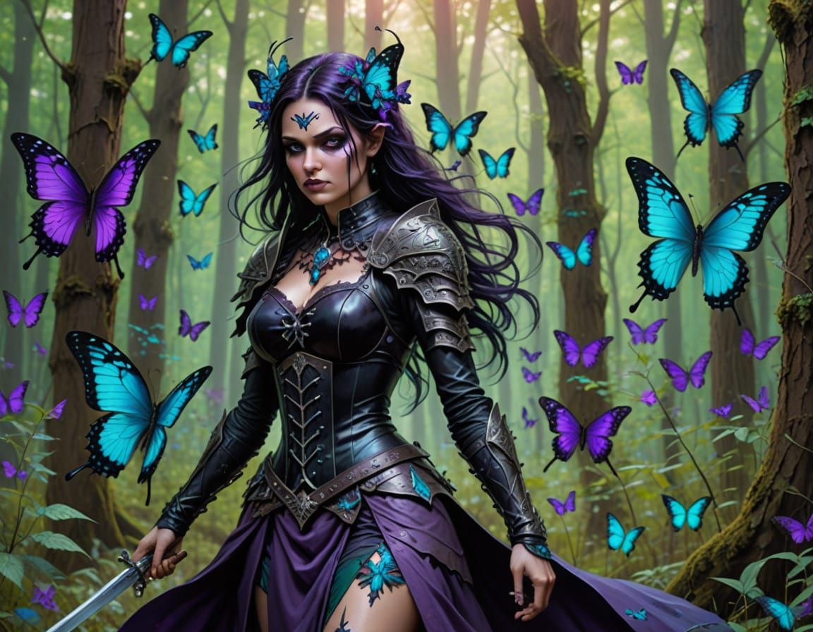 Gothic Warrior Woman Surrounded by Majestic Butterflies in a...