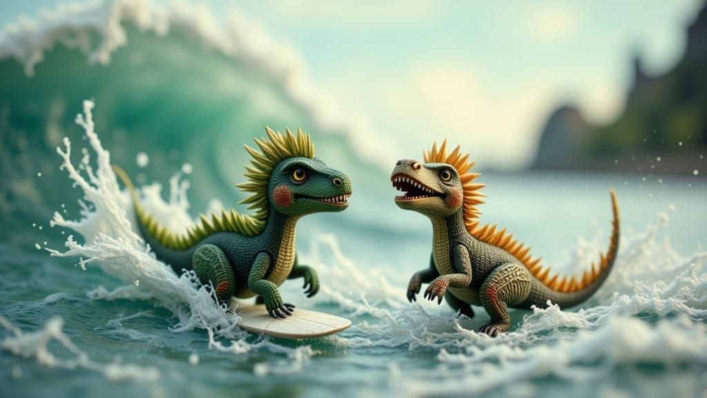Dinosaur Friends Enjoy Big Wave Surfing