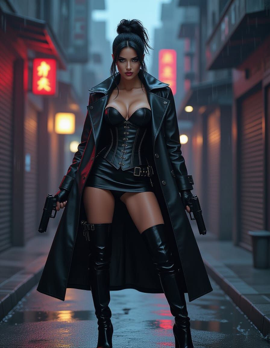 Latina in Cyberpunk Alley with Pistol, Hyperdetailed