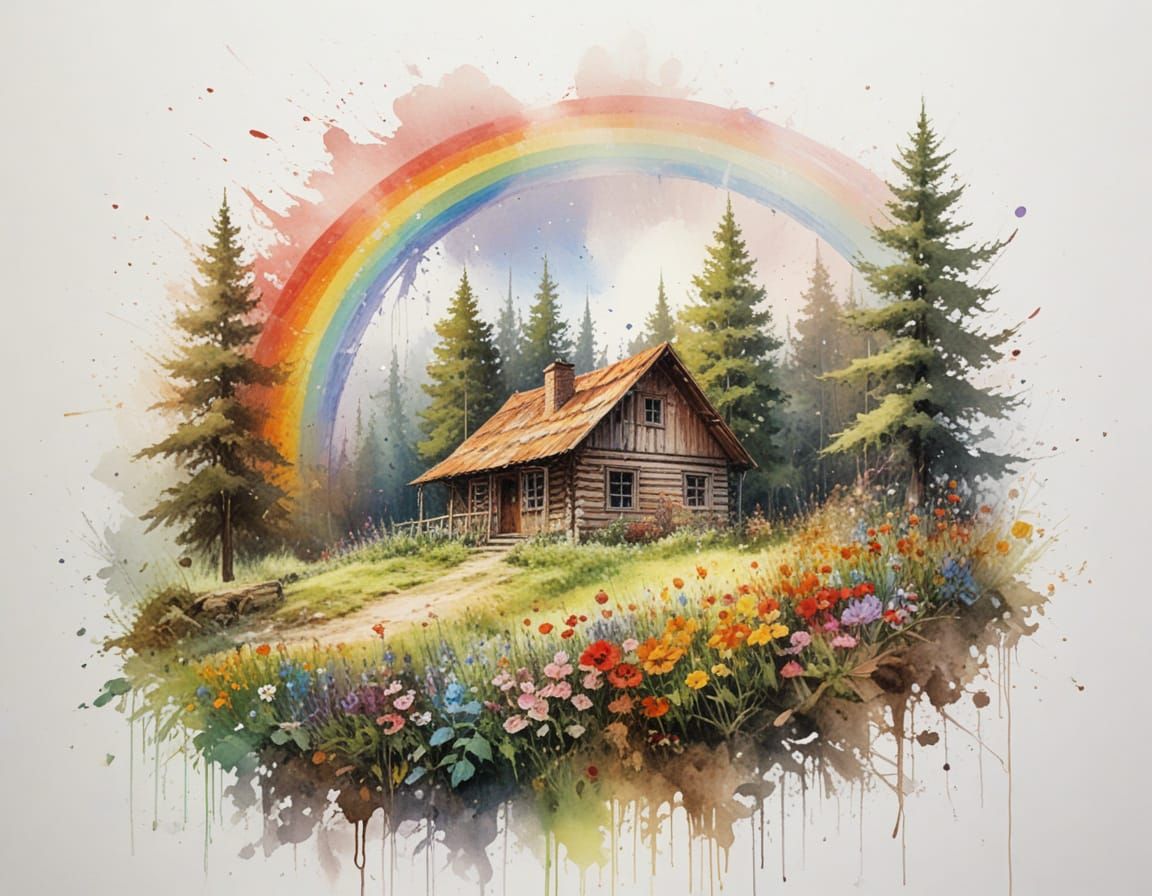 Fairytale Forest Cabin with Rainbow and Wildflowers