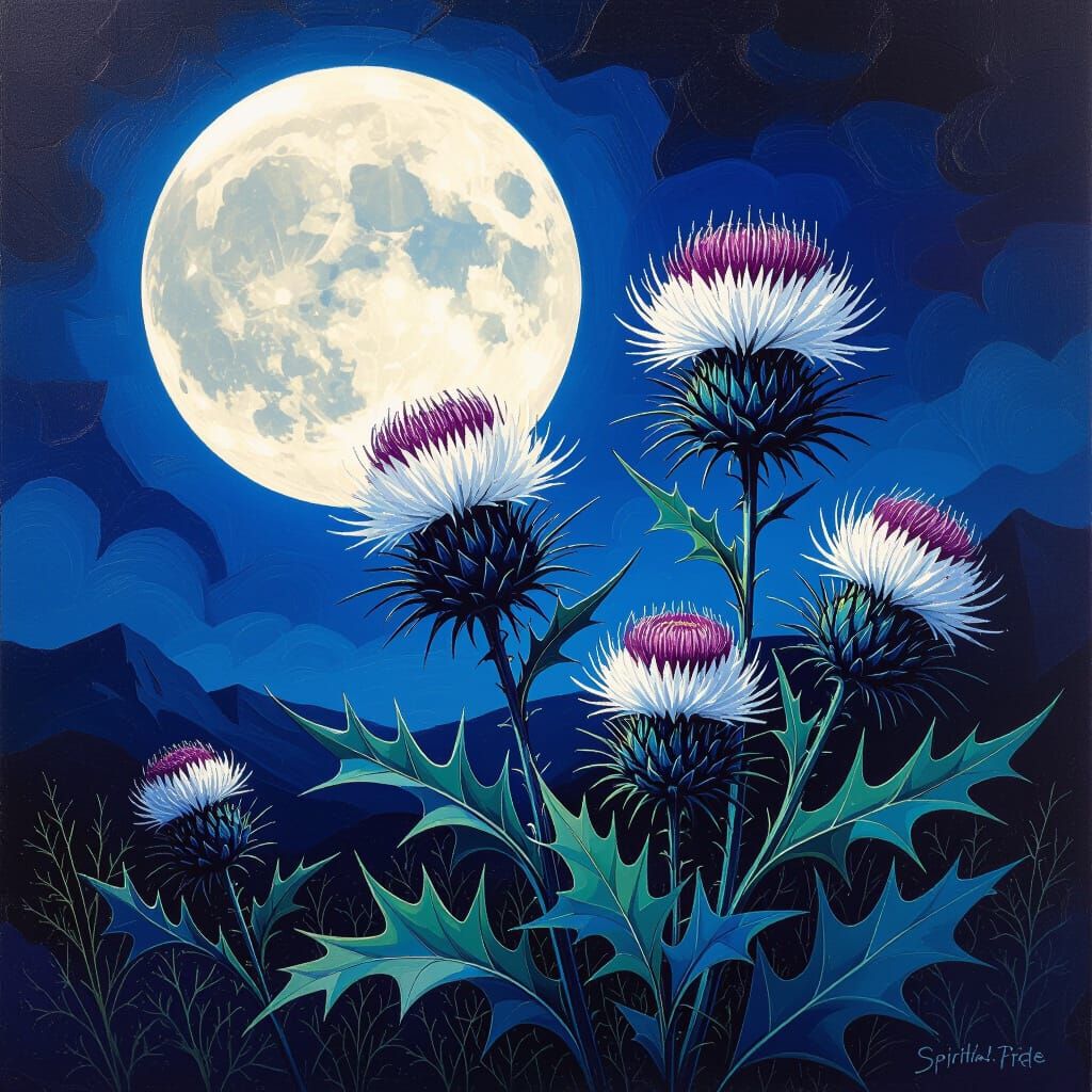 Surreal Thistle Flowers Under Luminous Moon Oil Painting