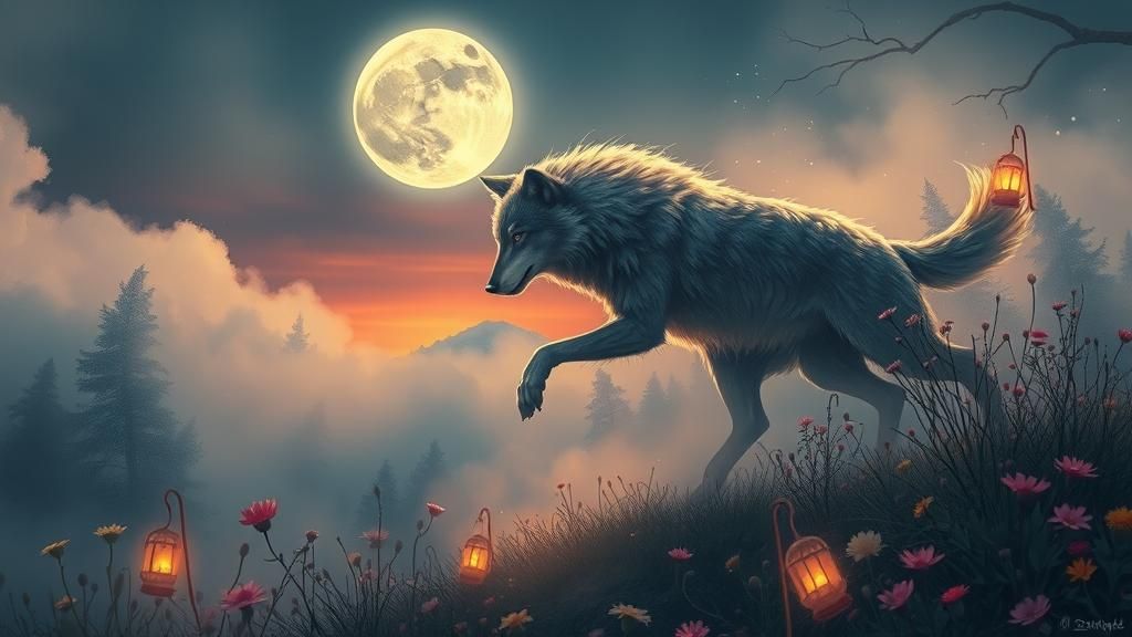 Moonlit Wolf Dancing in Twilight Fantasy Landscape