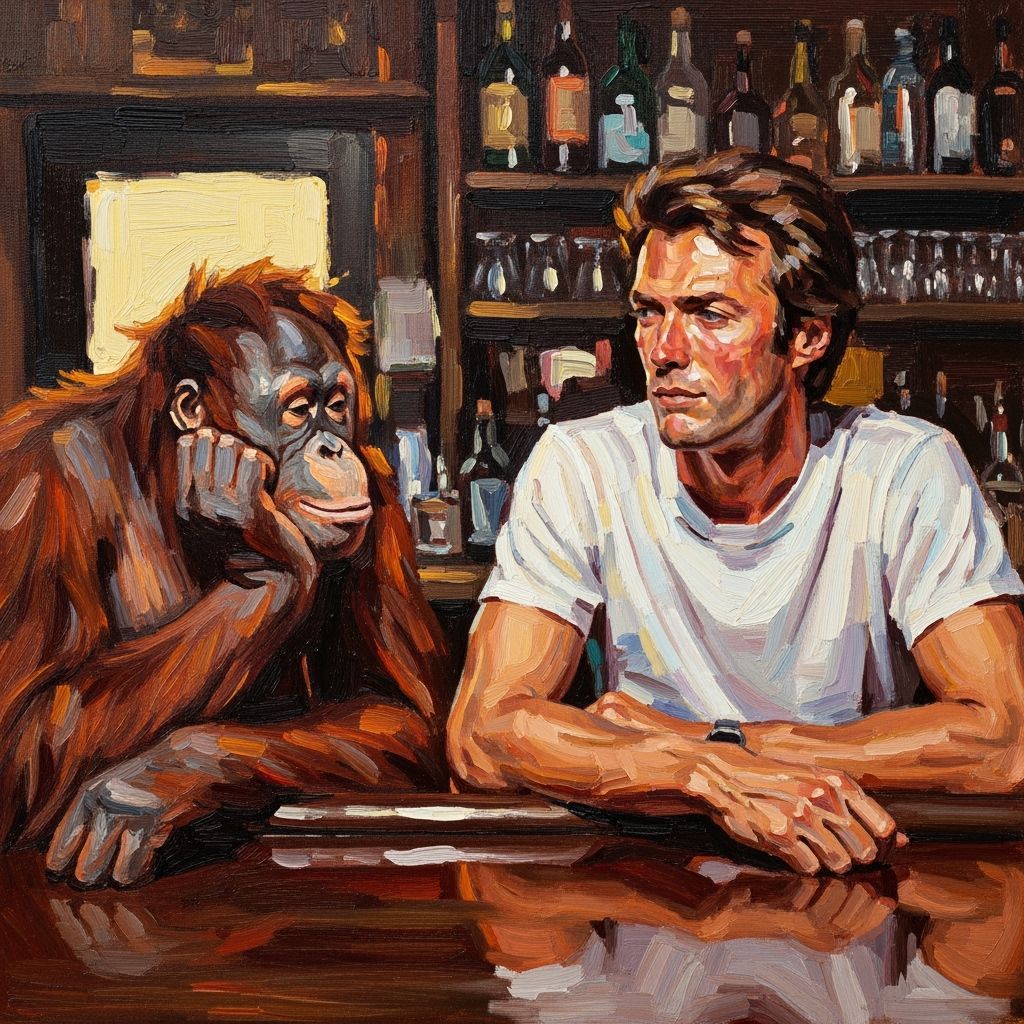 Impressionist Clint Eastwood and Orangutan at Bar