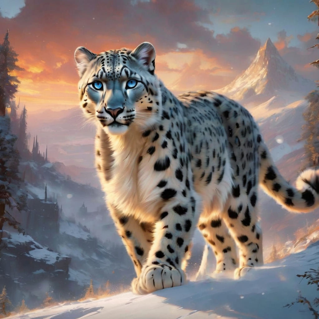 Dramatic Snow Leopard Captured in Vibrant Sunset Hues