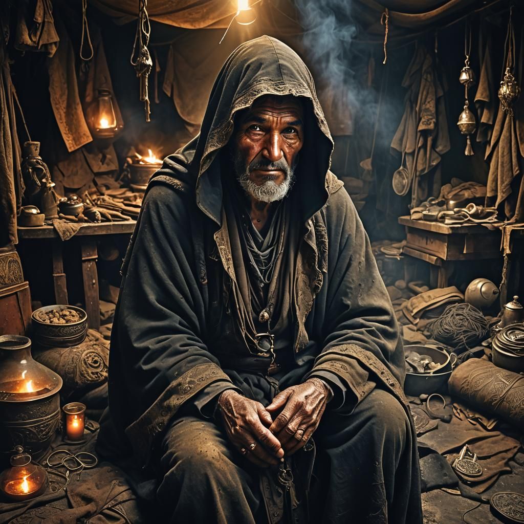 Mysterious Old Vendor in Dimly Lit Tent