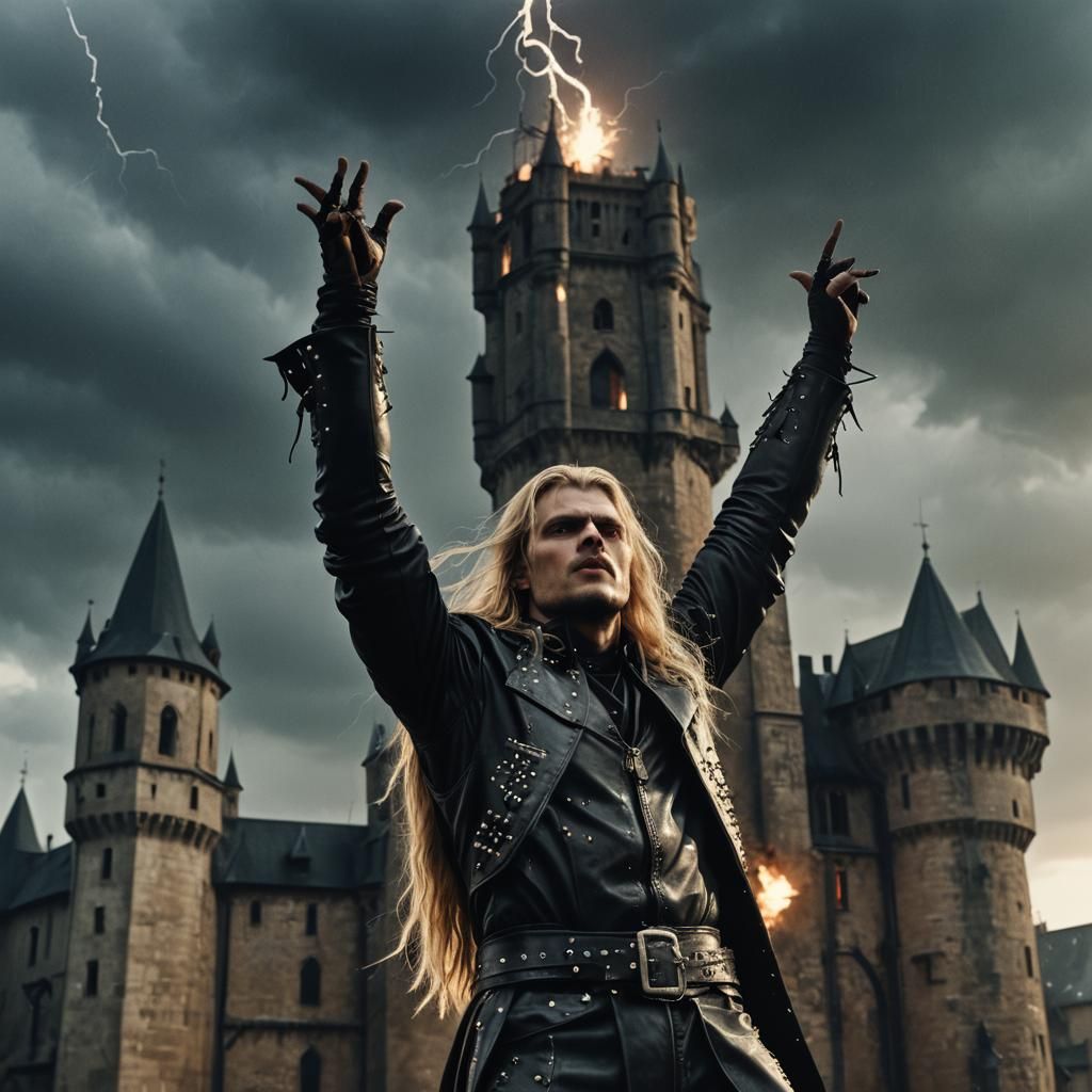 Gothic Man Controls Lightning on Medieval Tower