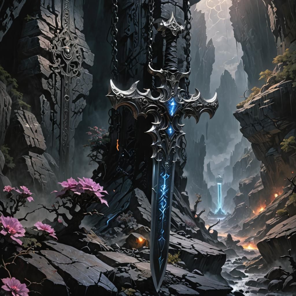 Demonic Sword Embedded in Rock: Fantasy Matte Painting