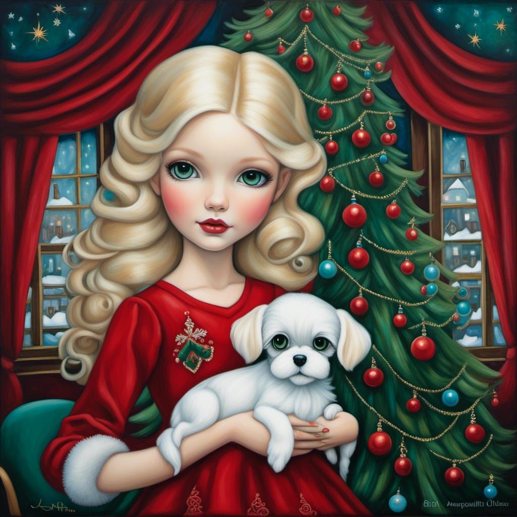 Girl with Puppy on Christmas Eve, Van Gogh Style