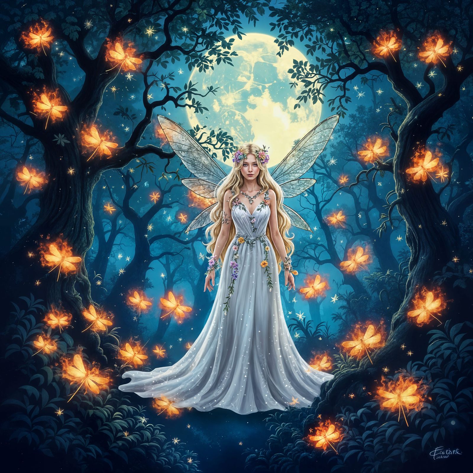 Enchanted Forest Under Moonlit Stars With Dragonflies