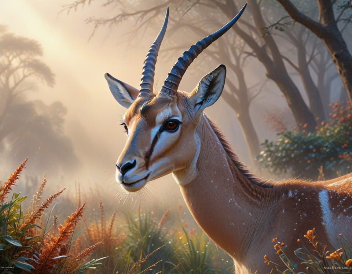 Ethereal Fantasy Gazelle in Mist - Hyperdetailed