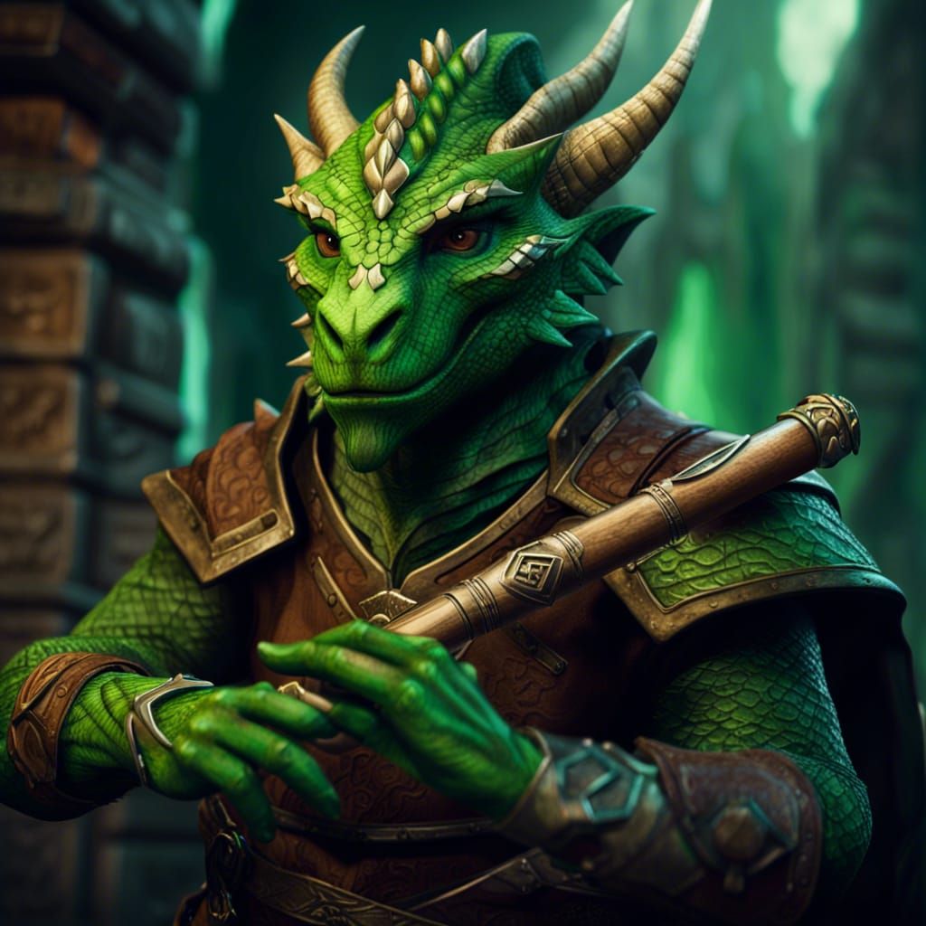 Green Dragonborn Playing Flute in Dungeons and Dragons Style
