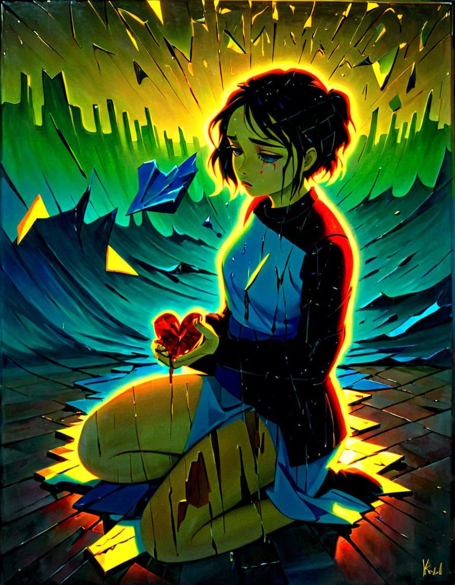 Heartbroken Girl in Shattered Glass: Surreal Oil Painting