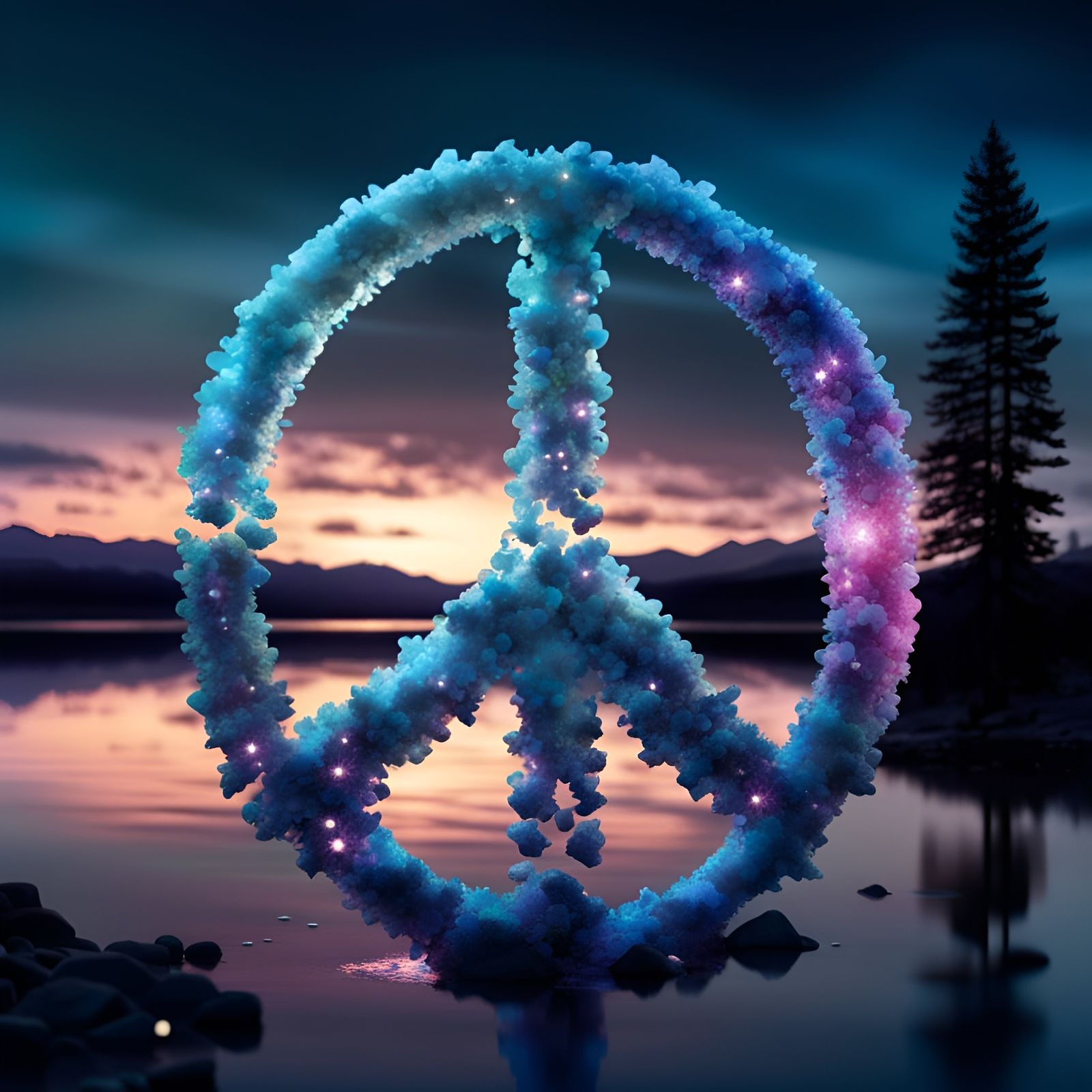 Bioluminescent Crystal Peace Symbol in Cosmic Landscape