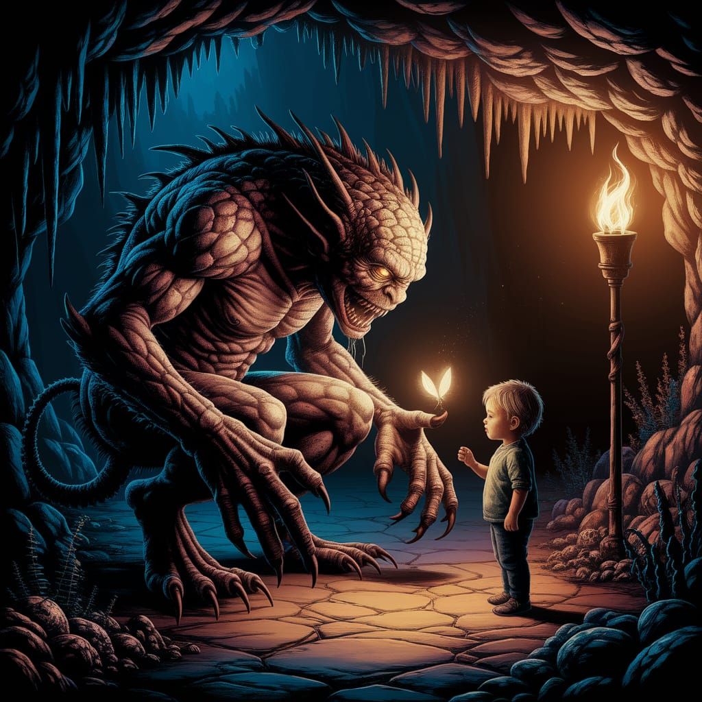 Kind Monster Guides Child Through Cave