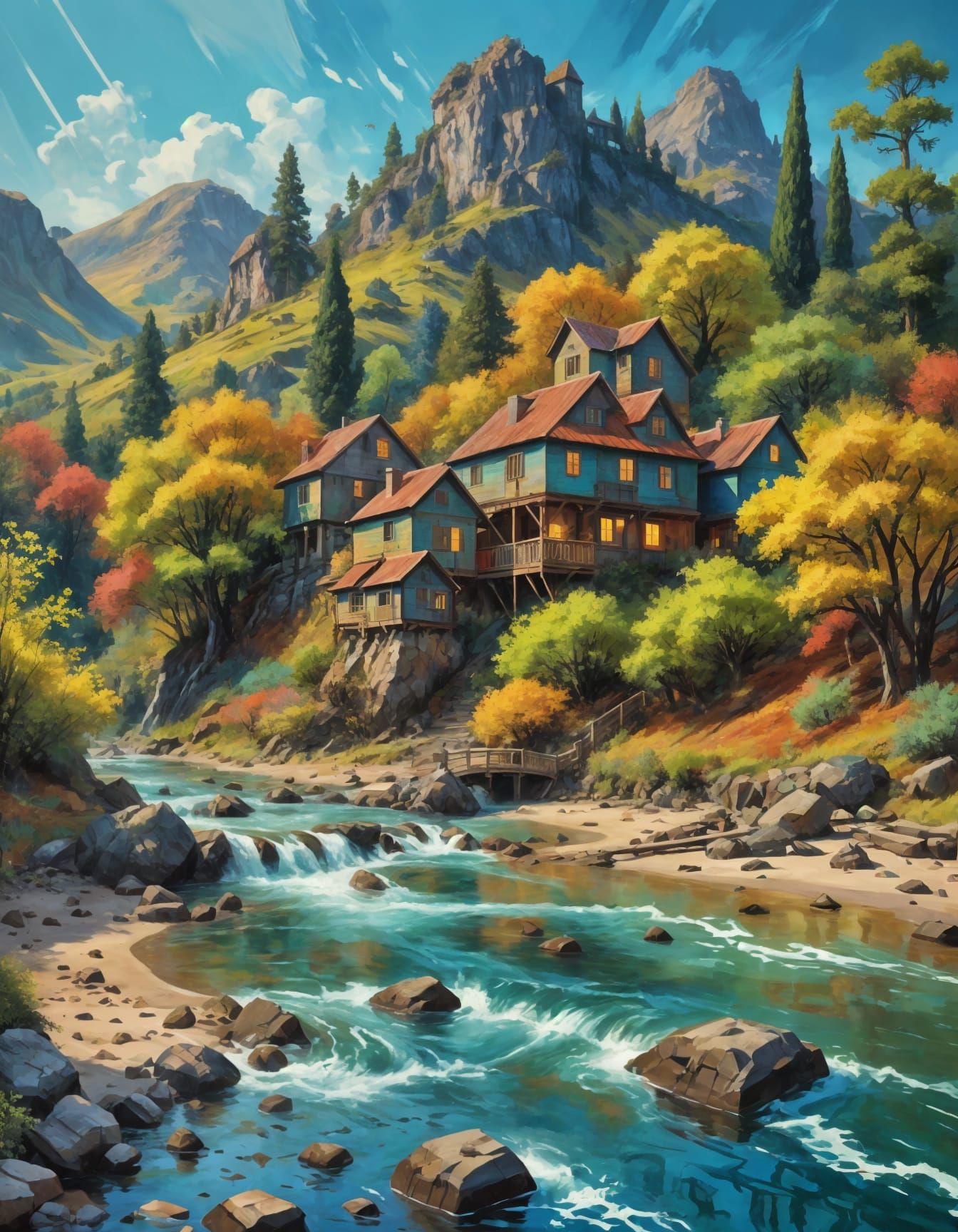 Neo-Expressionist Masterpiece: Dramatic Mountain Landscape