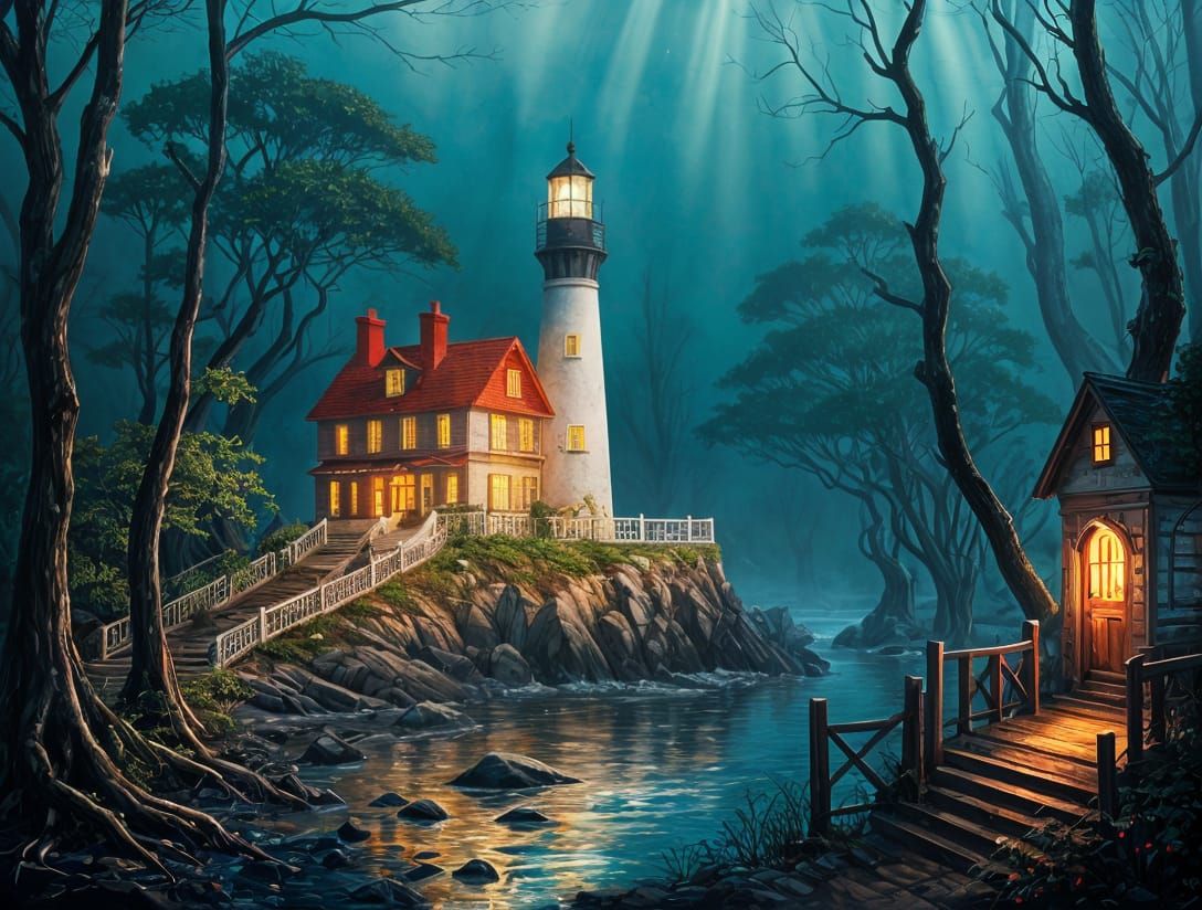 Fantastical Lighthouse in Shadowy Swamp: Watercolor Painting