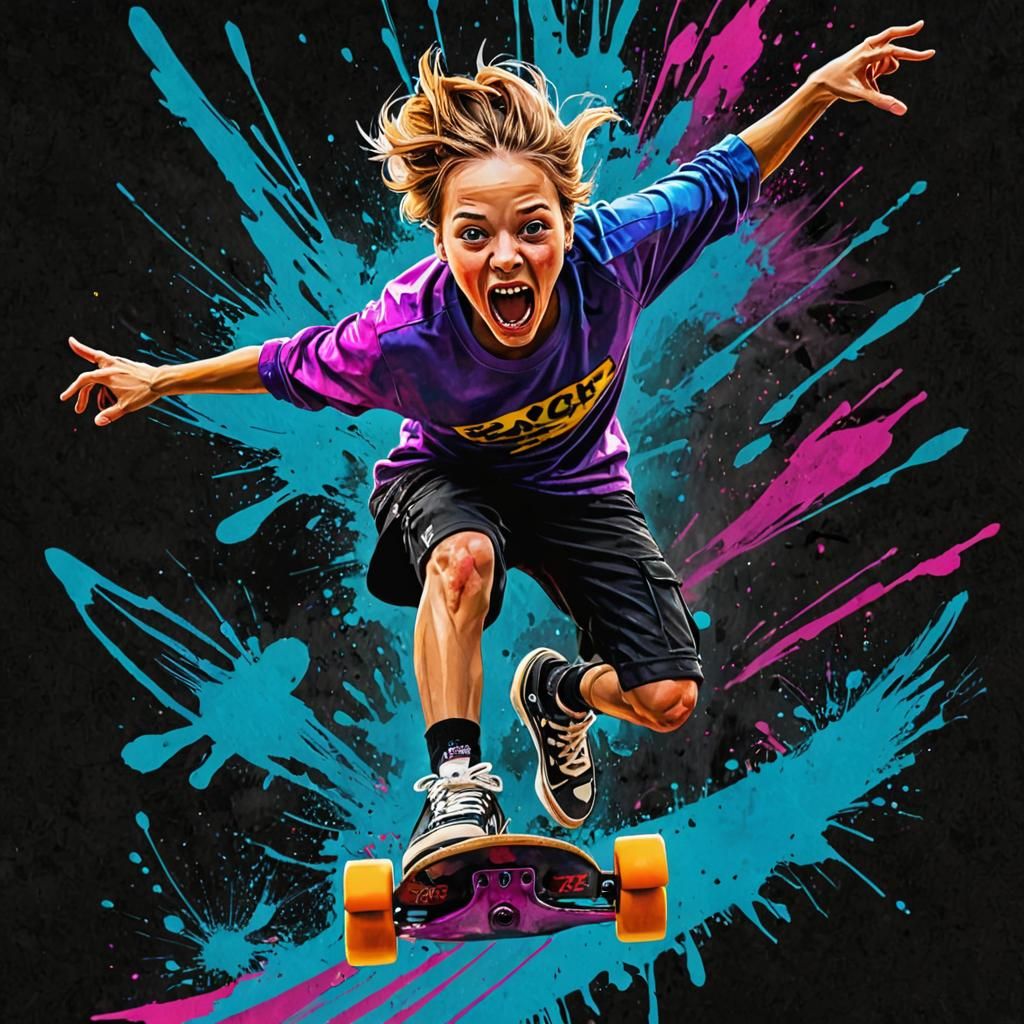 Skateboarder Performing Trick in Bold Neon Ink Painting